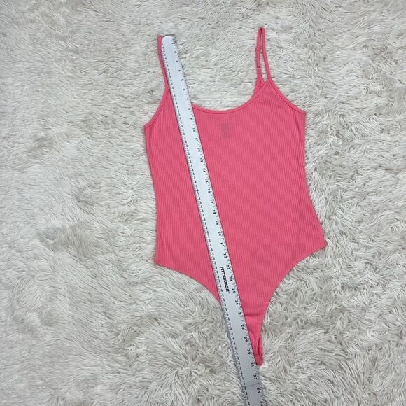 ASOS Peach Pink Ribbed Spaghetti Strap Thong Bodysuit Size 8 - Picture 3 of 7